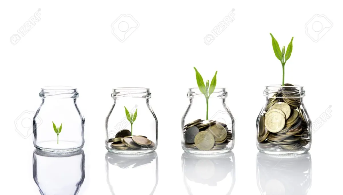 Quatre bocaux progressivement remplis de pièces d'où pousse un plant de plus en plus grand